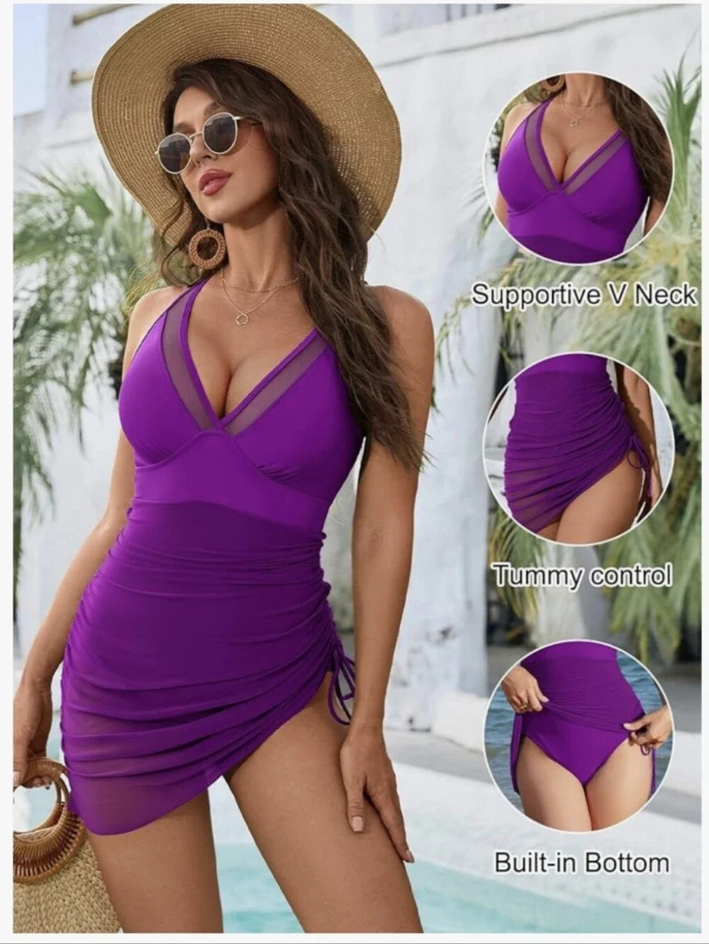 Blooming Jelly Women's One Piece Swimsuit w/Connected Slimming Mesh Sarong
